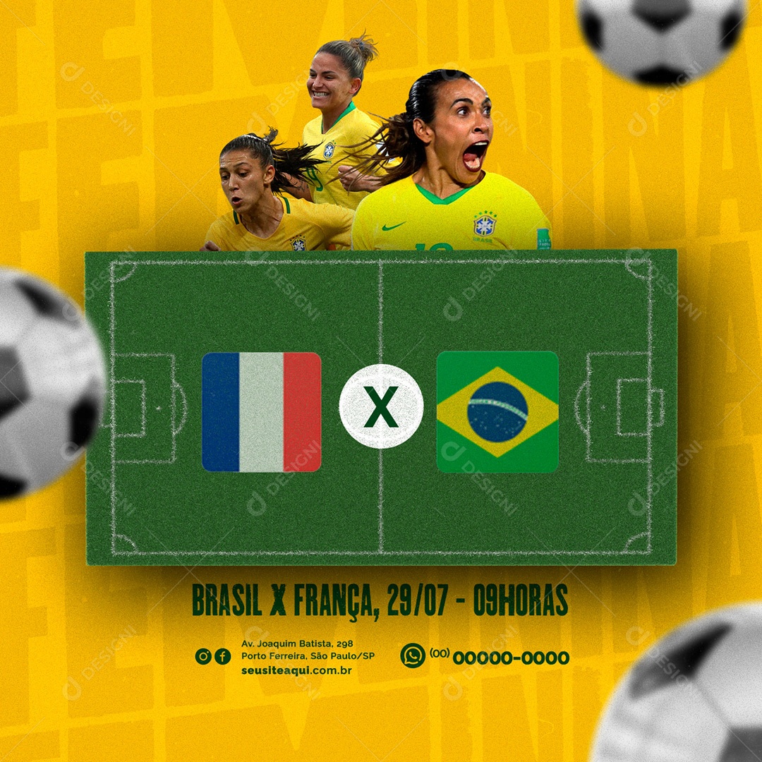 Brasil x França Copa Feminina Futebol Social Media PSD Editável