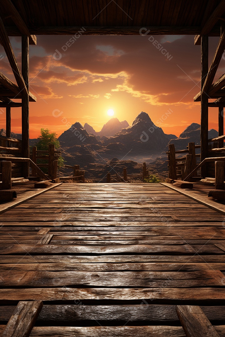 Cenário madeira fundo pôr do sol