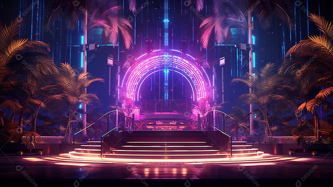 Cenário podium com luzes neon rosa