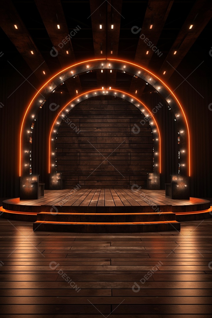 Cenário fundo madeira com luzes neon