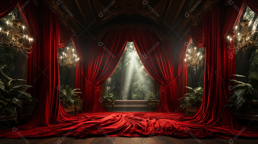Cenário fundo teatro cortinas vermelhas