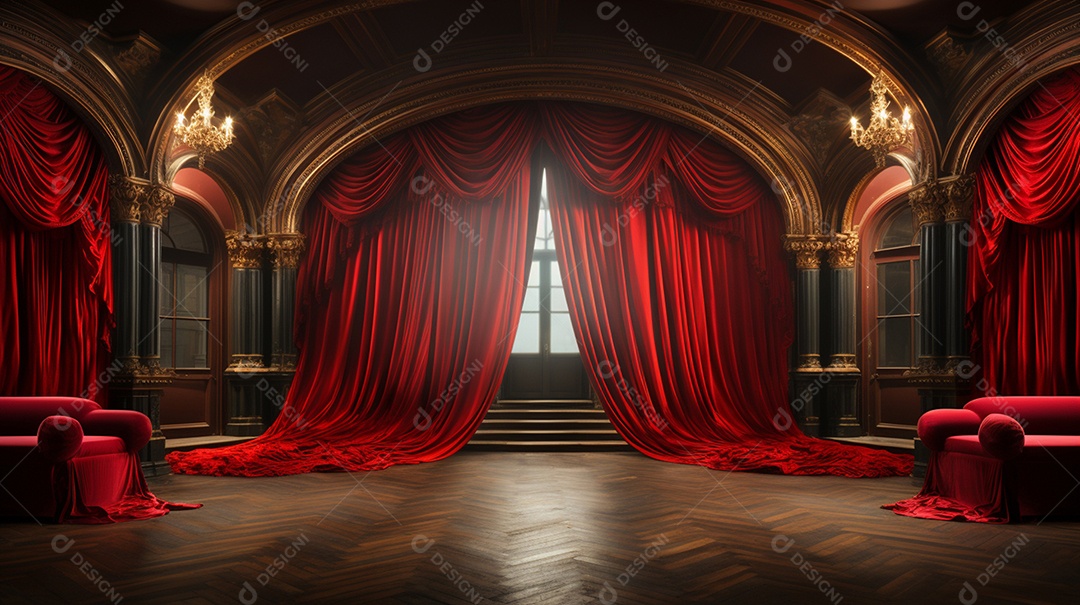 Cenário fundo teatro cortinas vermelhas