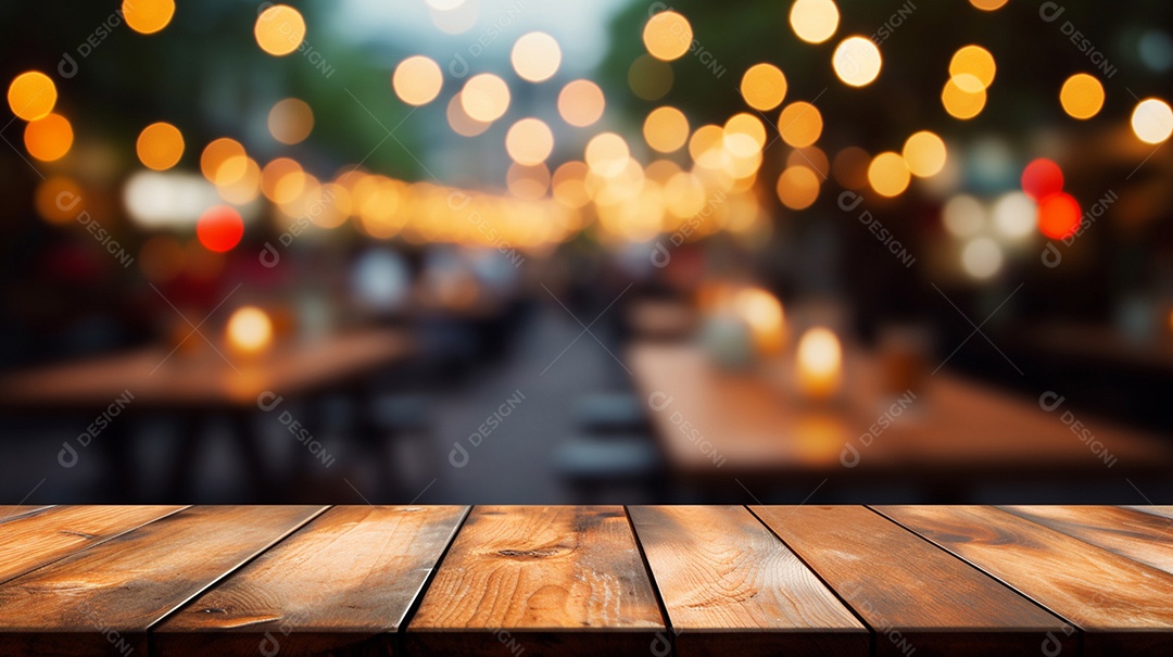 Cenário madeira fundo desfocado com luzes