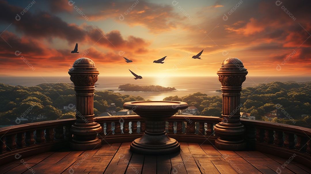 Cenário fundo madeira pôr do sol