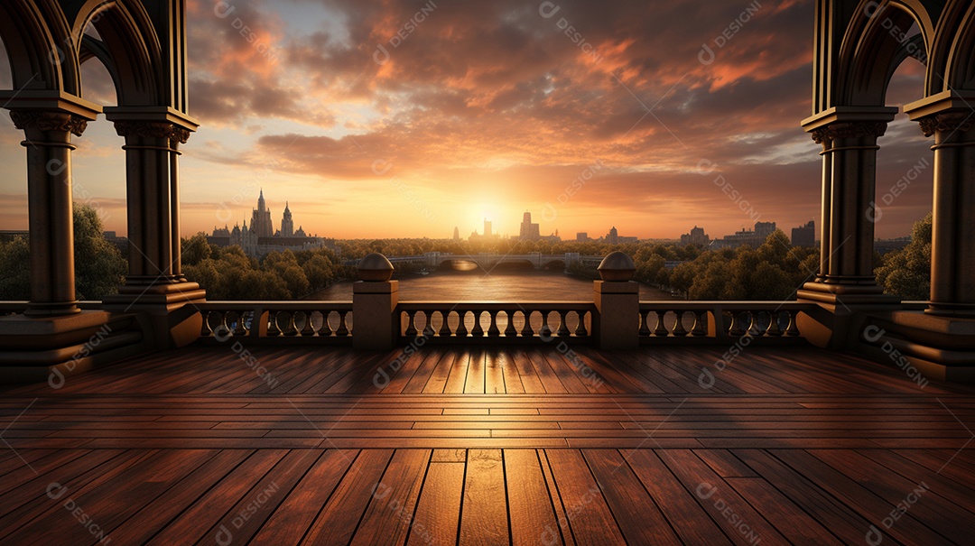 Cenário fundo madeira pôr do sol