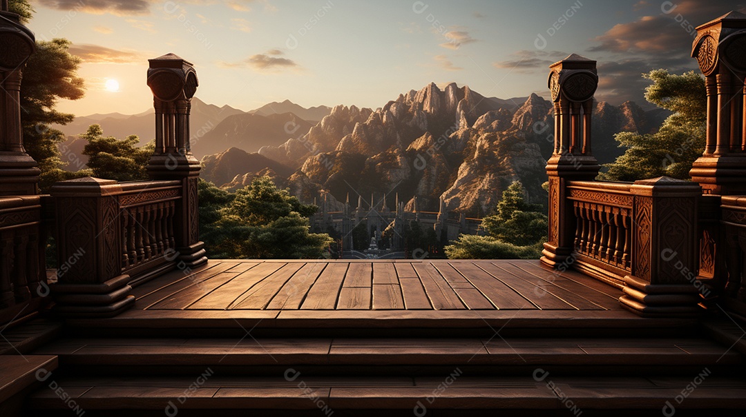 Cenário fundo madeira pôr do sol