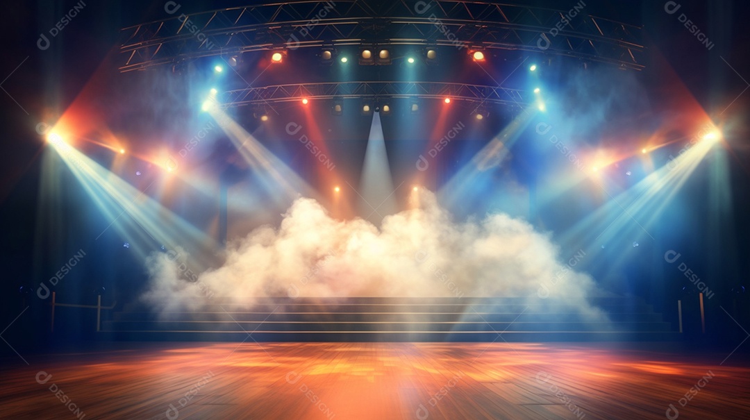 Cenário palco de show com luzes e efeito de fumaça