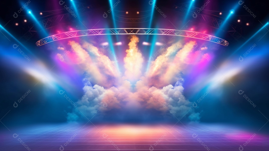 Cenário palco de show com luzes e efeito de fumaça