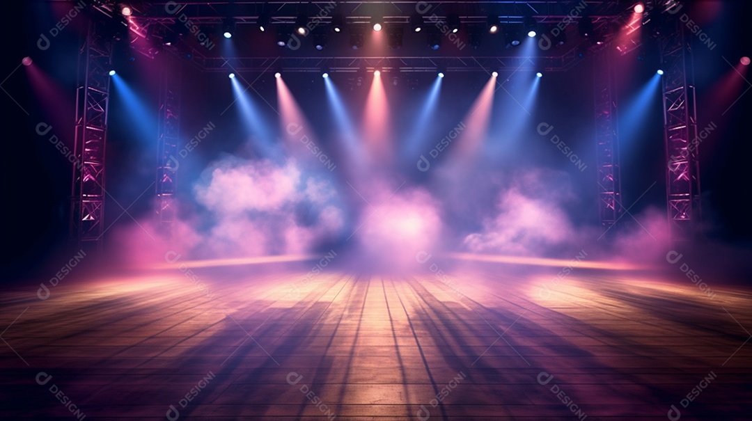 Cenário palco de show com luzes e efeito de fumaça