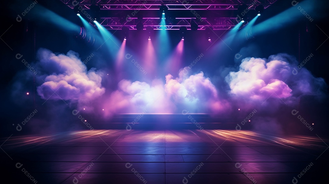 Cenário palco de show com luzes e efeito de fumaça
