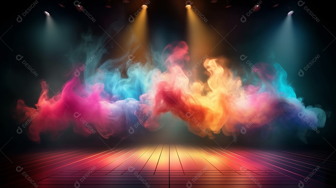 Cenário palco de show com luzes e efeito de fumaça