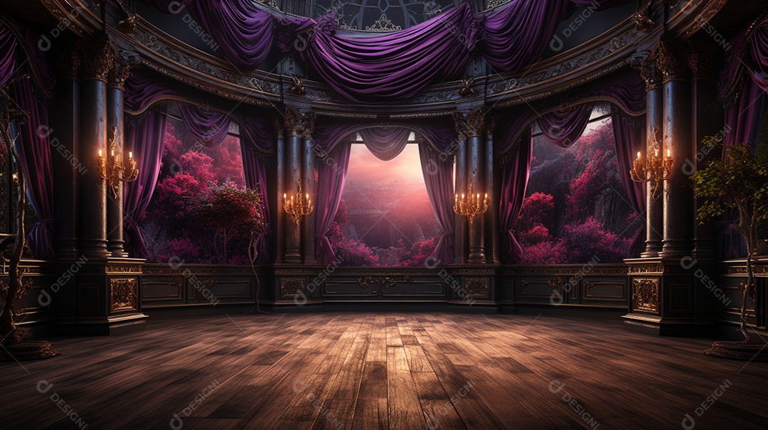 Cenário teatro cortinas roxas