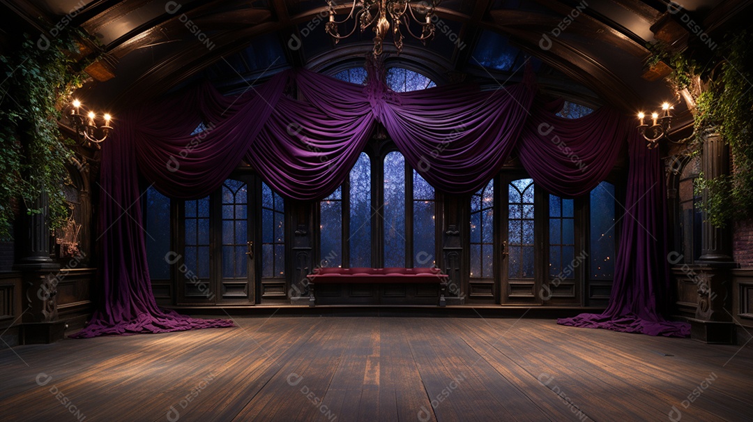 Cenário teatro cortinas roxas