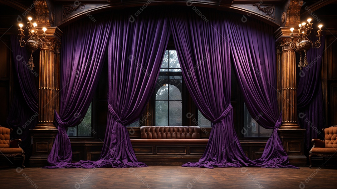 Cenário teatro cortinas roxas