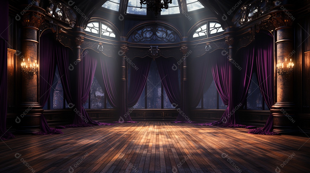 Cenário teatro cortinas roxas