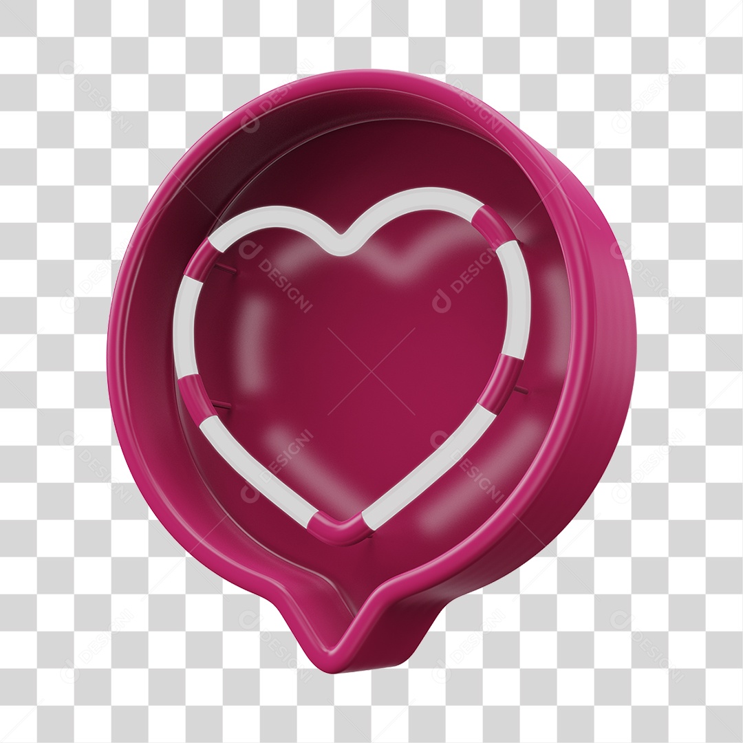 Elemento 3D Balão de Mensagem Cor Rosa Neon com Forma de Coração PNG Transparente