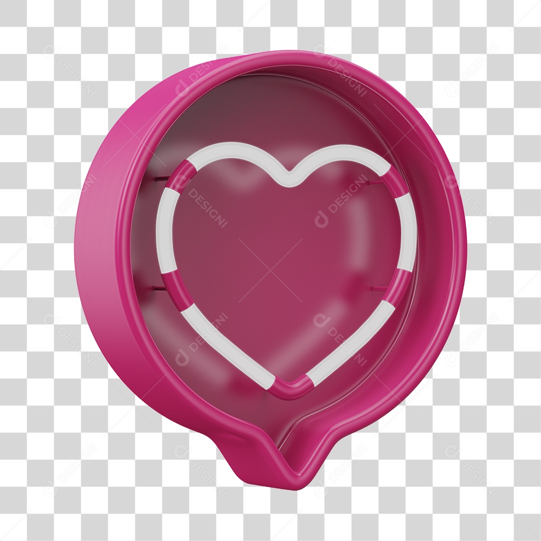Elemento 3D Balão de Mensagem Cor Rosa Neon com Forma de Coração PNG Transparente