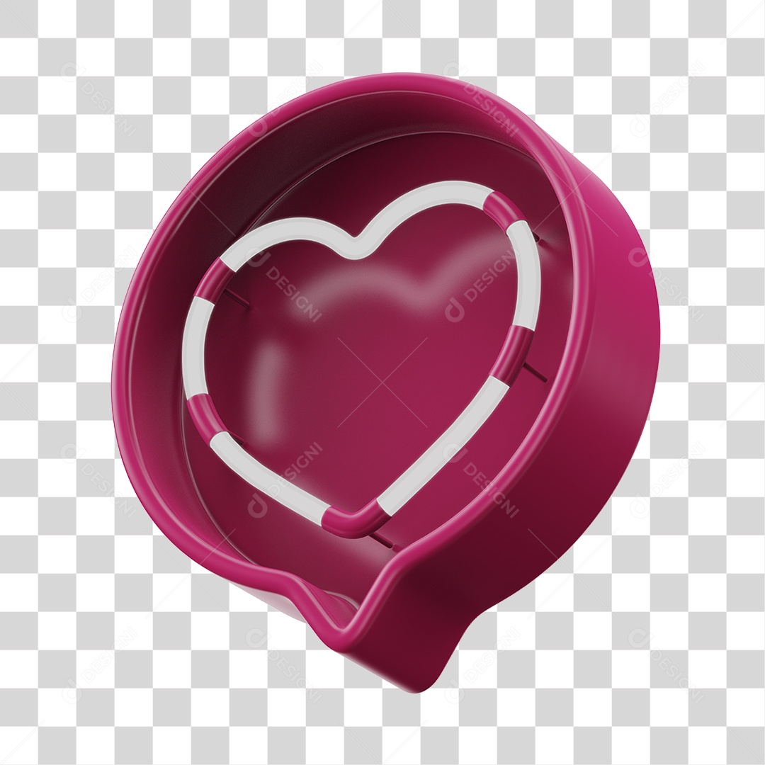 Elemento 3D Balão de Mensagem Cor Rosa Neon com Forma de Coração PNG Transparente