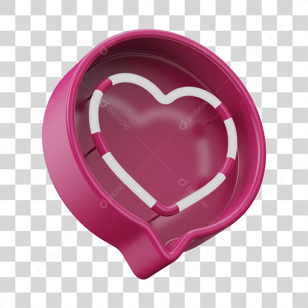 Elemento 3D Balão de Mensagem Cor Rosa Neon com Forma de Coração PNG Transparente