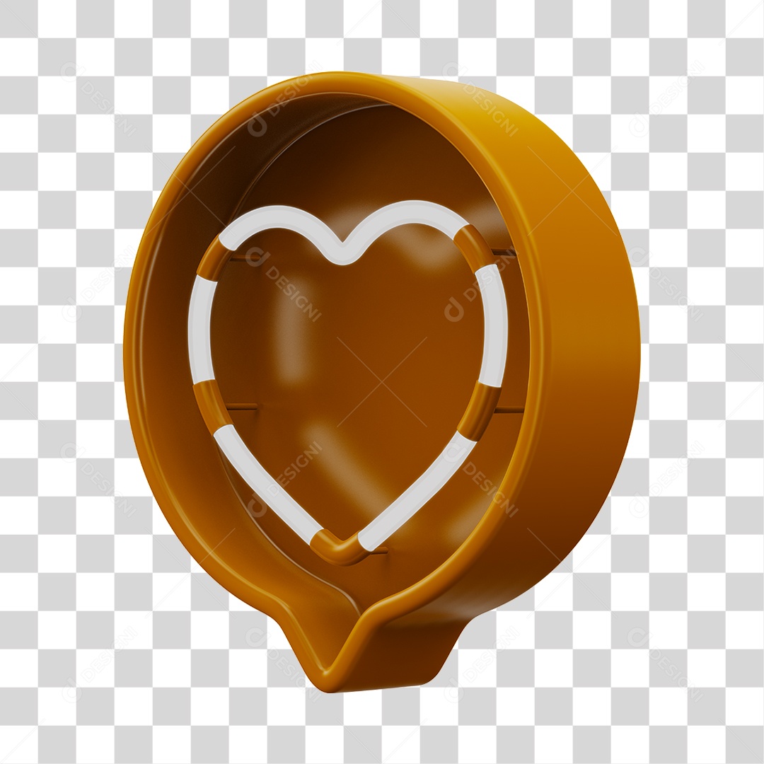 Elemento 3D Balão de Mensagem Cor Amarelo com Neon em Forma de Coração PNG Transparente