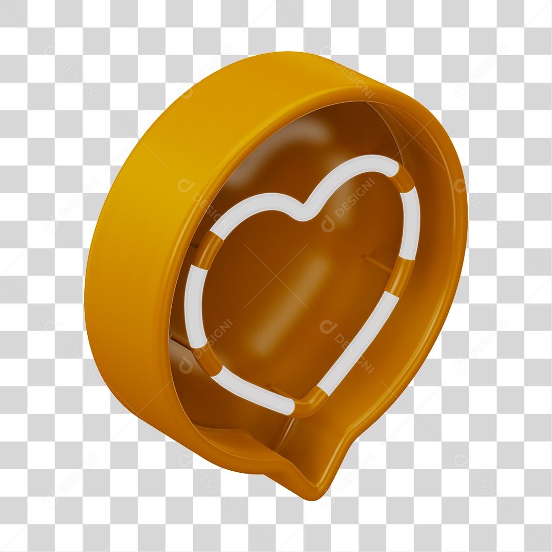 Elemento 3D Balão de Mensagem Cor Amarelo com Neon em Forma de Coração PNG Transparente