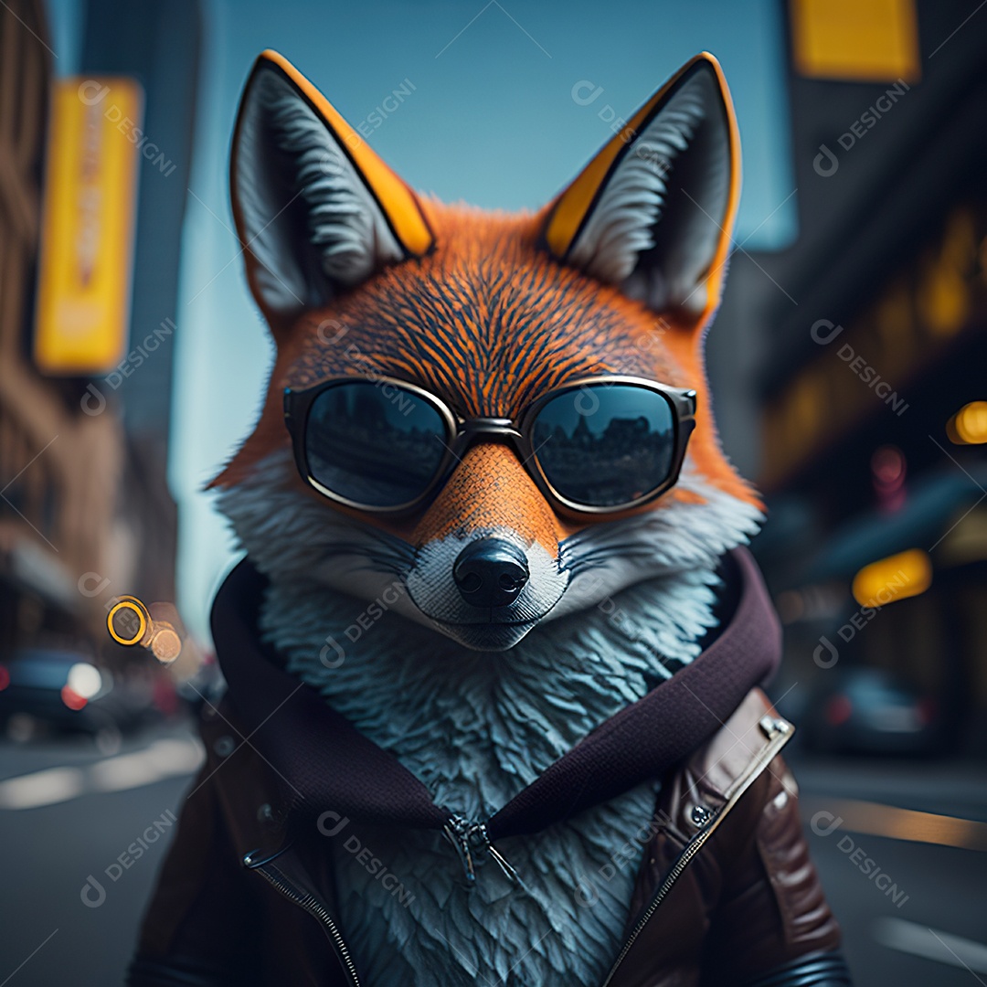 Raposa com óculos de sol pintura fosca altamente detalhada estilizada