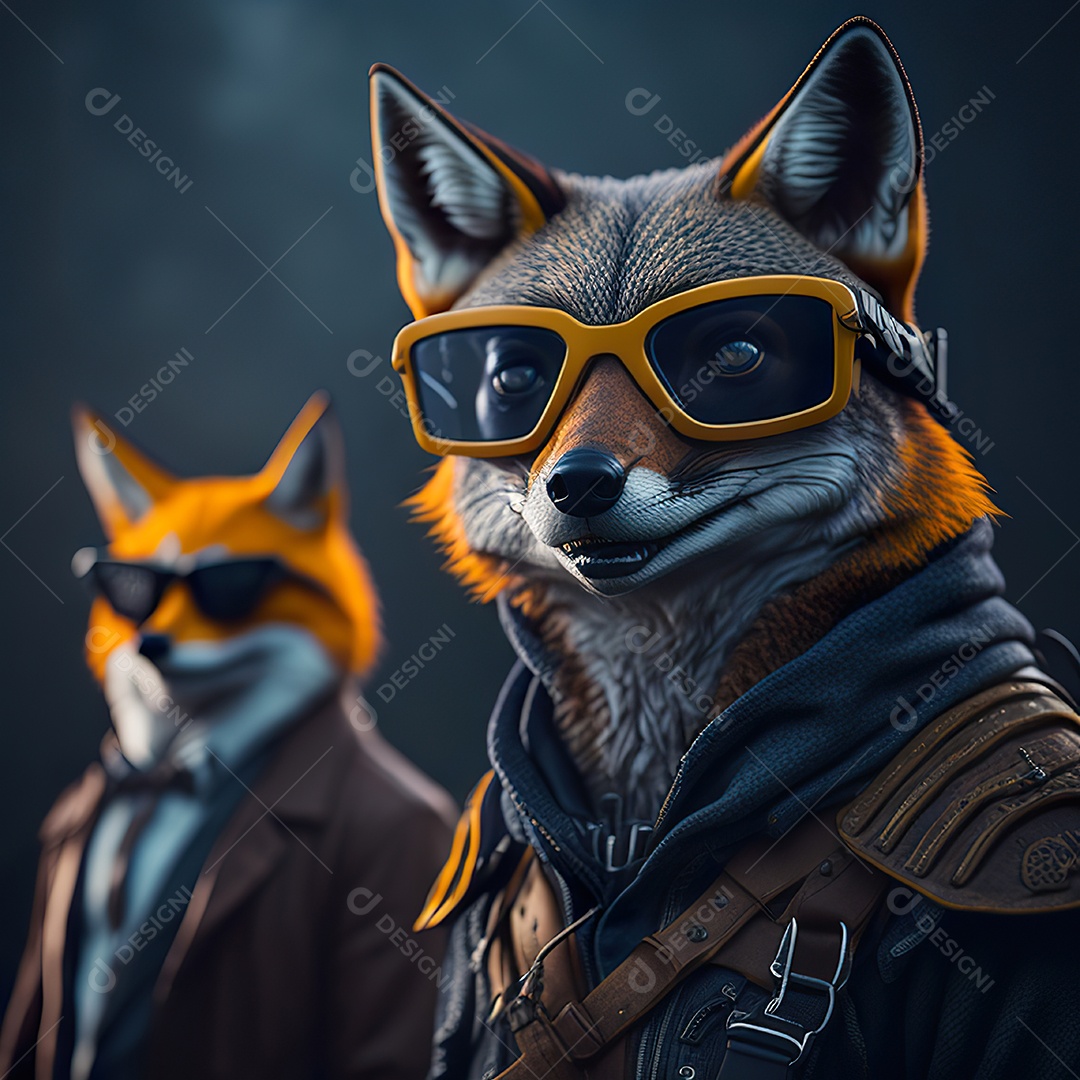 Raposa com óculos de sol pintura fosca altamente detalhada estilizada