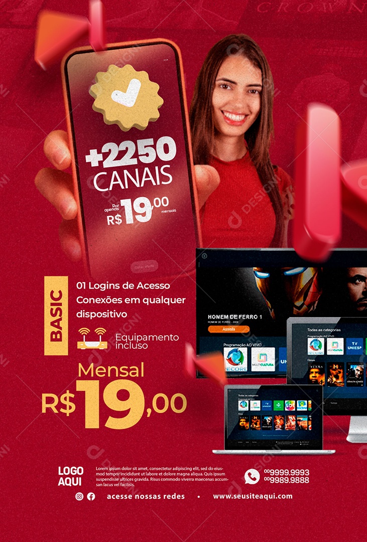 Plano Mensal 19,00 Logins De Acesso Conexões Em Qualquer Dispositivo IPTV Social Media PSD Editável