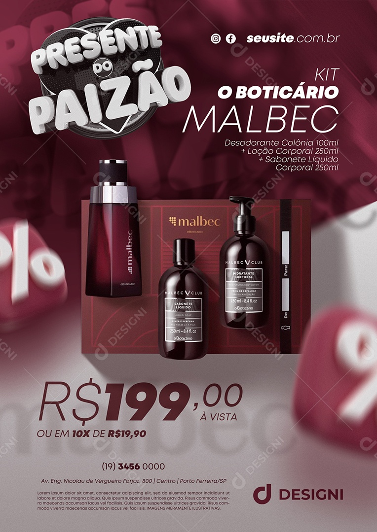 Anúncio Publicitário Perfumaria Presente Do Paizão Kit O Boticário Malbec Social Media PSD Editável