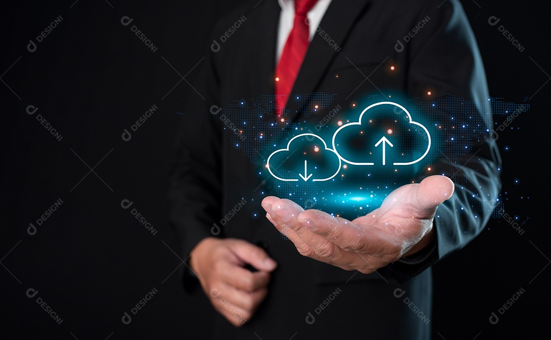 Conceito de computação em nuvem, conecte informações e tecnologia de equipamentos de comunicação com ícone de computação e tecnologia em nuvem.