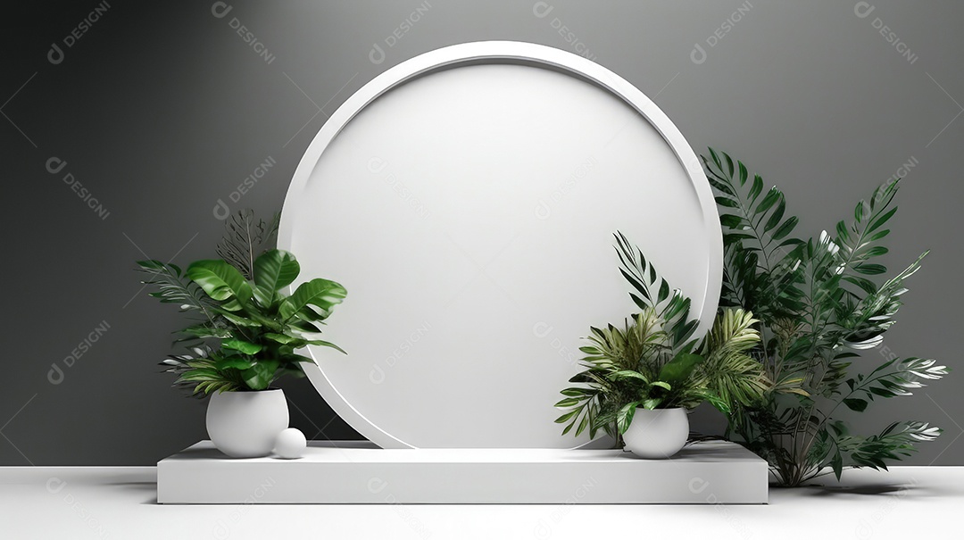 Pódio premium em fundo pastel com galhos de plantas, folhas.