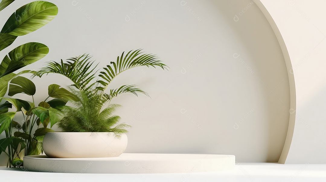 Pódio premium em fundo pastel com galhos de plantas, folhas.