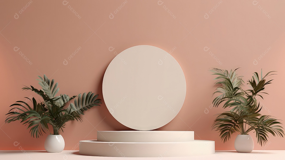 Pódio premium em fundo pastel com galhos de plantas, folhas.