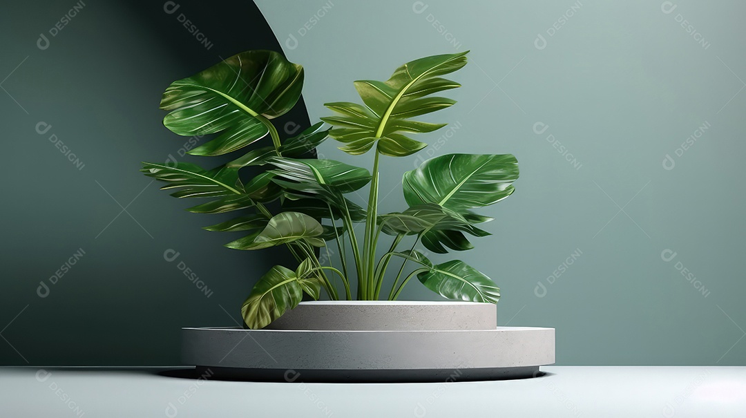 Pódio premium em fundo pastel com galhos de plantas, folhas.