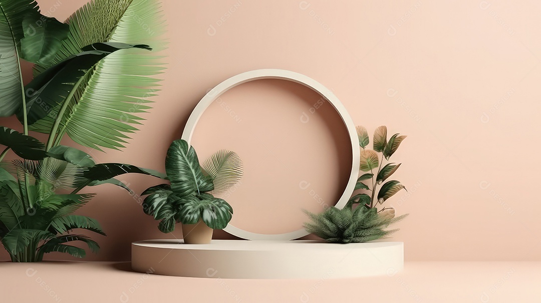 Pódio premium em fundo pastel com galhos de plantas, folhas.