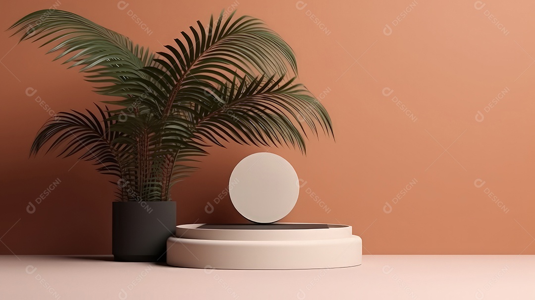 Pódio premium em fundo pastel com galhos de plantas, folhas.