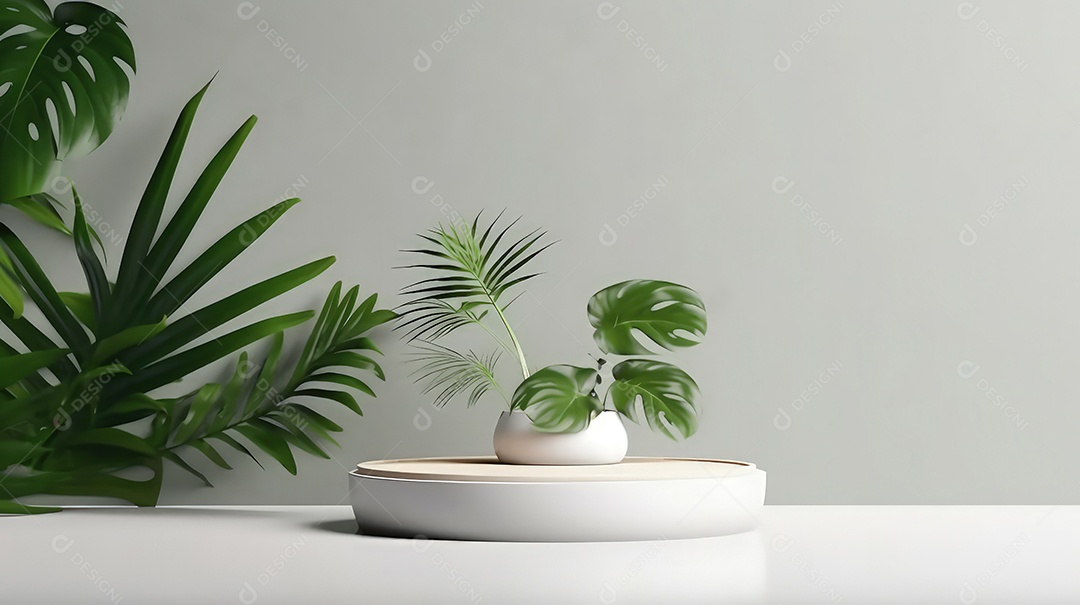 Pódio premium em fundo pastel com galhos de plantas, folhas.