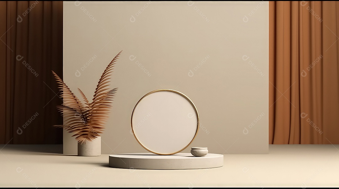 Pódio premium em fundo pastel com galhos de plantas, folhas.