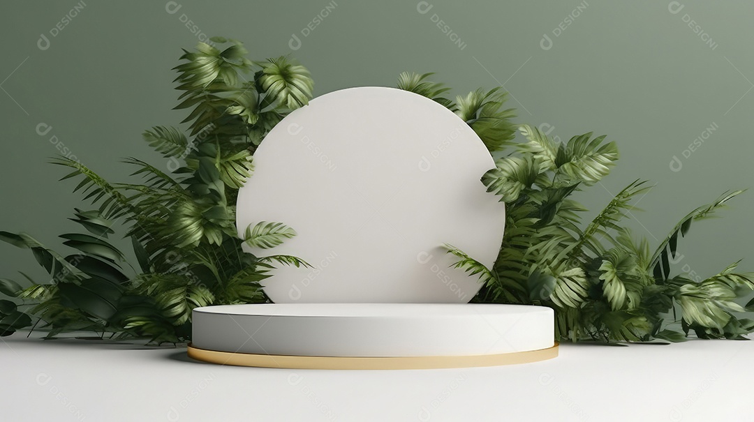 Pódio premium em fundo pastel com galhos de plantas, folhas.