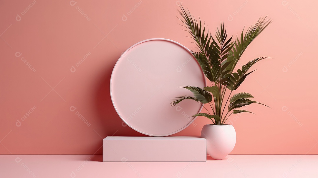 Pódio premium em fundo pastel com galhos de plantas, folhas.