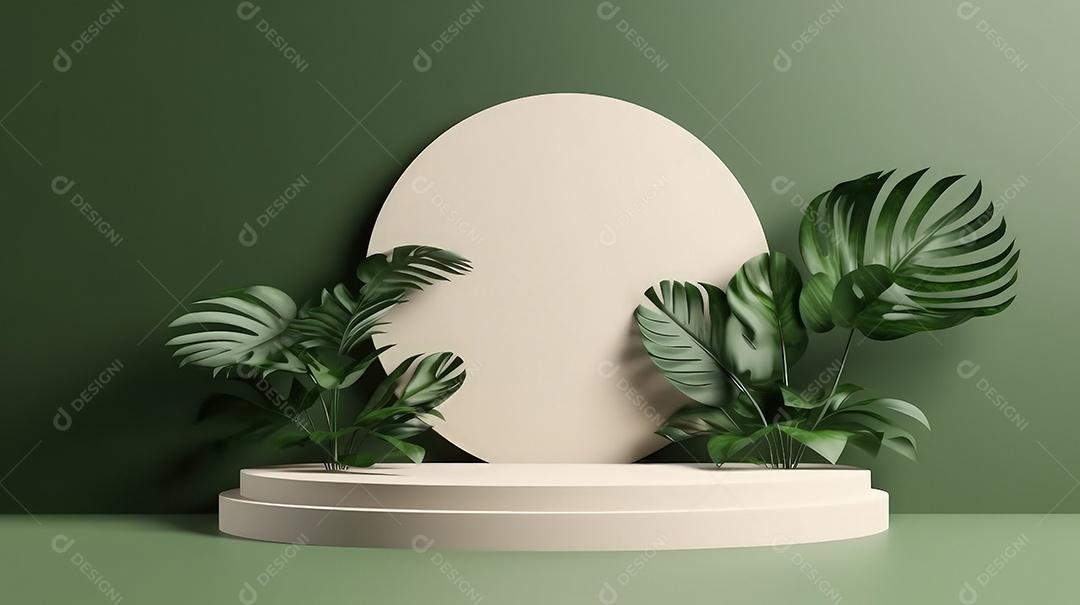 Pódio premium em fundo pastel com galhos de plantas, folhas.