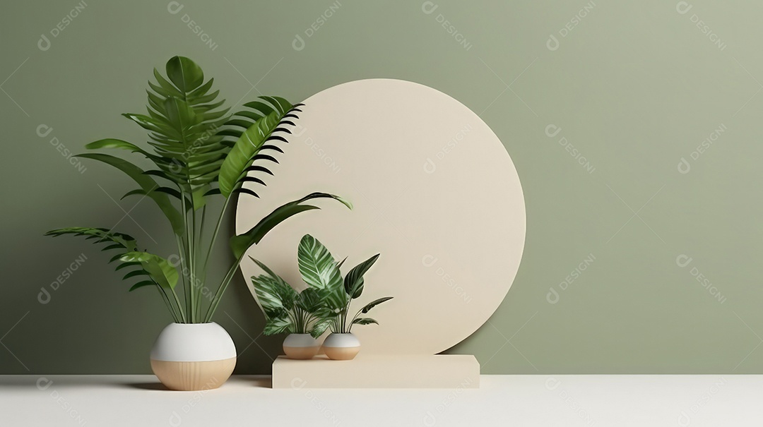 Pódio premium em fundo pastel com galhos de plantas, folhas.