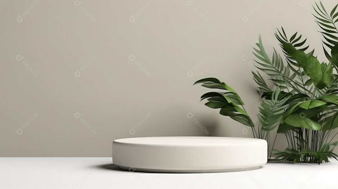 Pódio premium em fundo pastel com galhos de plantas, folhas.