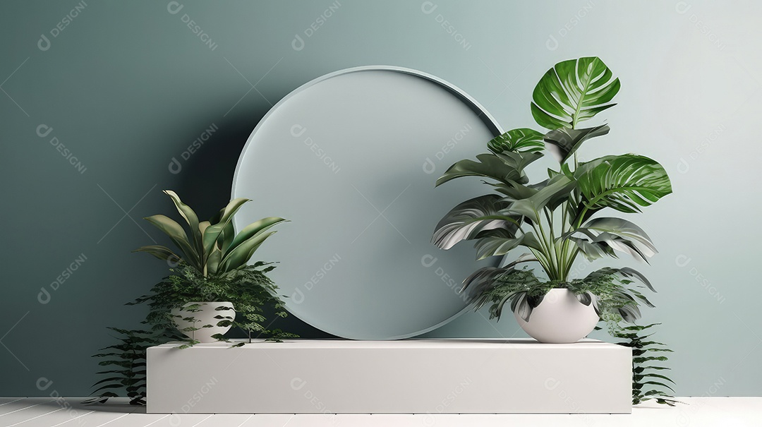 Pódio premium em fundo pastel com galhos de plantas, folhas.