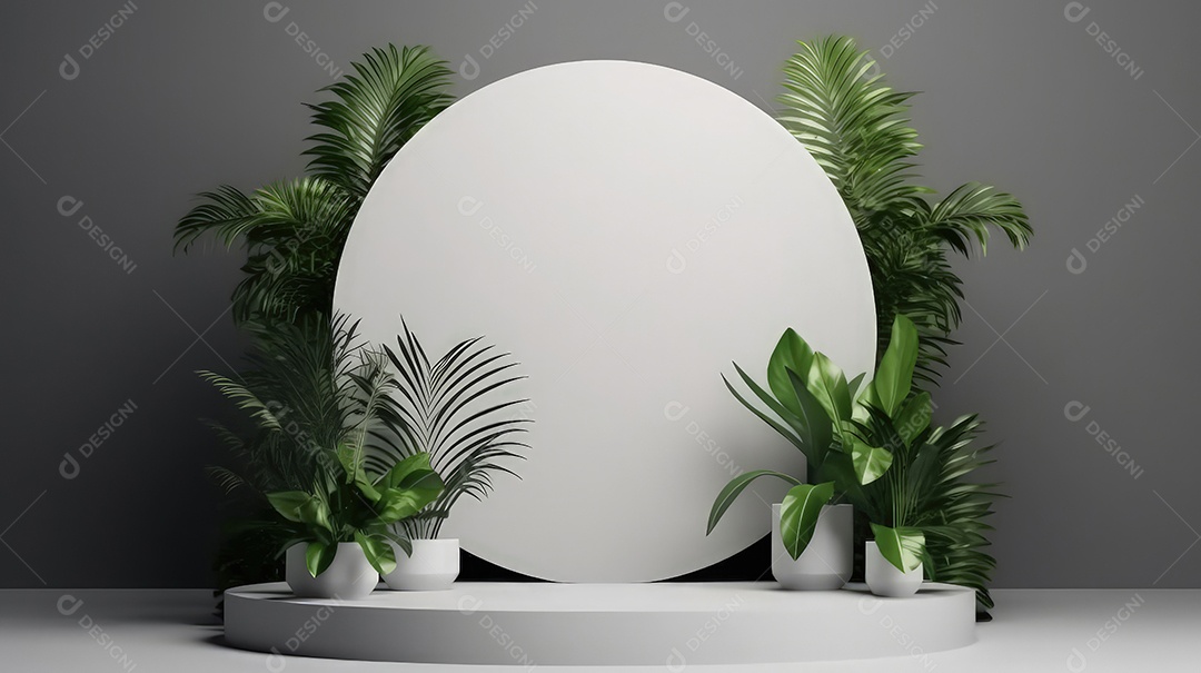 Pódio premium em fundo pastel com galhos de plantas, folhas.