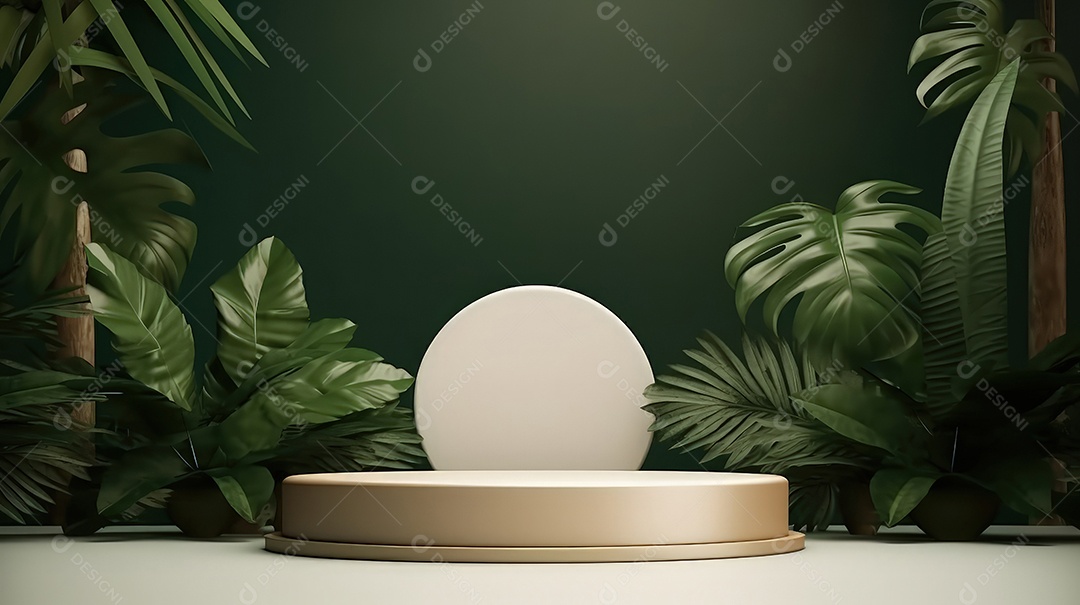 Pódio premium em fundo pastel com galhos de plantas, folhas.