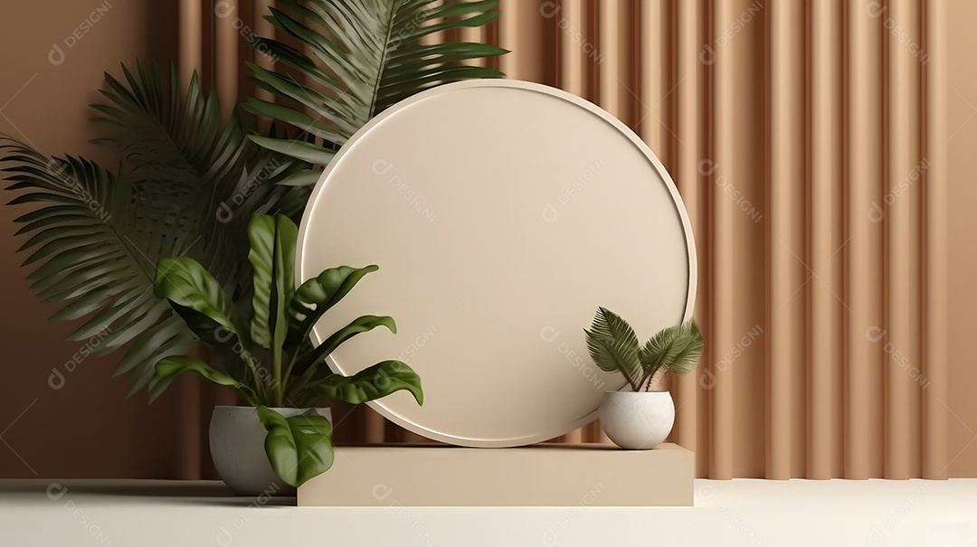 Pódio premium em fundo pastel com galhos de plantas, folhas.