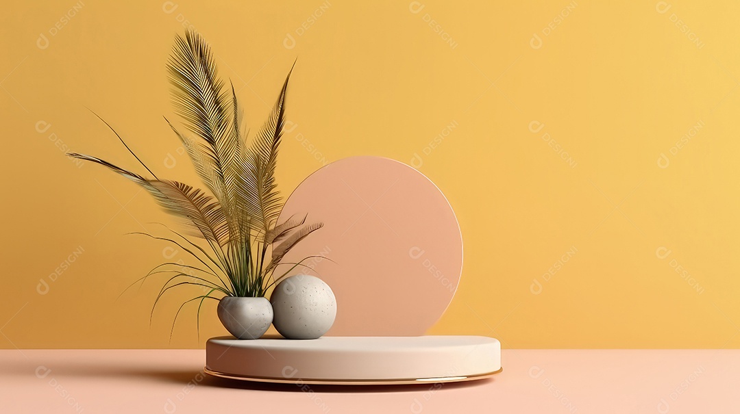Pódio premium em fundo pastel com galhos de plantas, folhas.