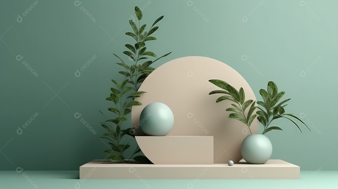 Pódio premium em fundo pastel com galhos de plantas, folhas.