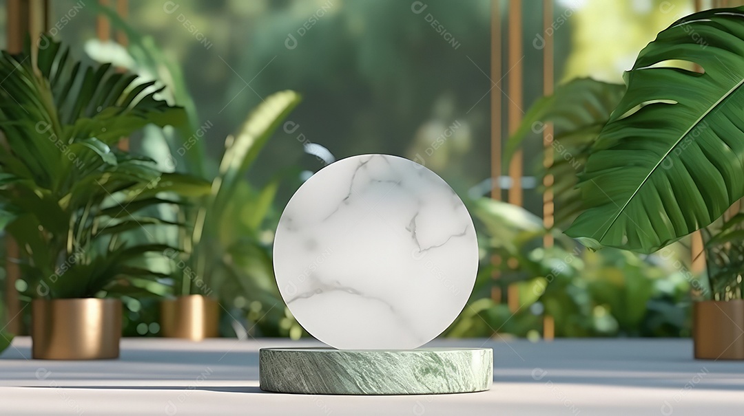 Pódio premium em fundo pastel com galhos de plantas, folhas.